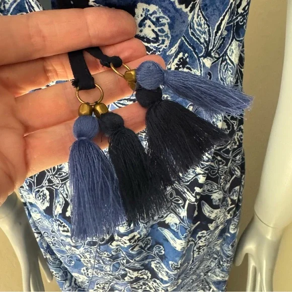 NWT LUCKY BRAND Indigo Floral Maxi Dress Boho Tassel Beach Dress Cover Up Size S - Picture 9 of 16